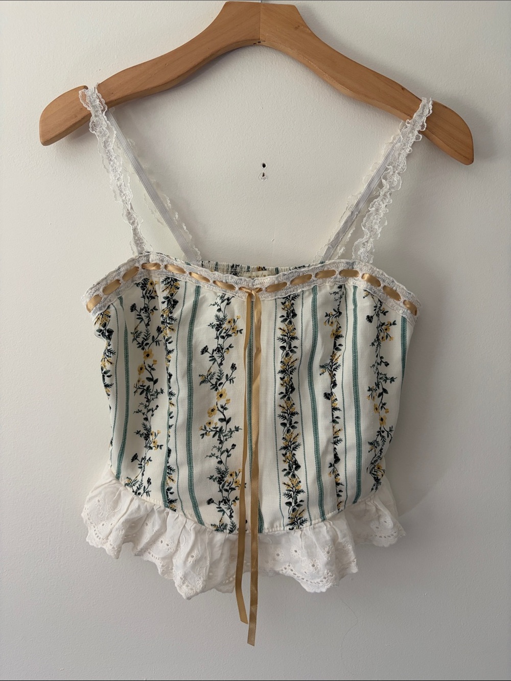Thirty Thirty Floral Stripe Lace-Trim White Camisole Tank Top - Size Small